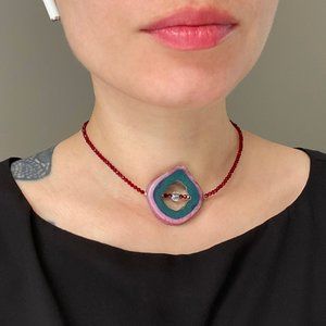 Druzy choker necklace, teal and burgundy agate slice necklace for women